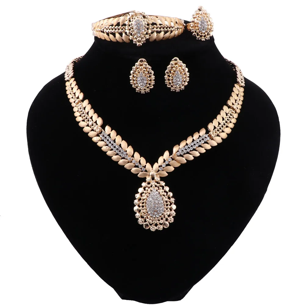

Exquisite Dubai Gold Color Jewelry Set For Women Wedding Crystal Costume Design Water Drop Necklace Jewelry Set