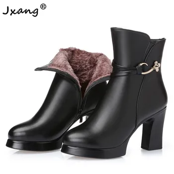 

HABUCKN Wool Short Boots Winter Women Genuine Leather Dropshipping Thick Bottom High Heels New Fashion Solid Women Ankle Boots
