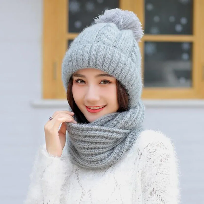 Calymel осень зима девушка шапка шарф Набор вязаная шапка шарф мода милый зимне наушники шапка женская шапка - Цвет: G18 gray