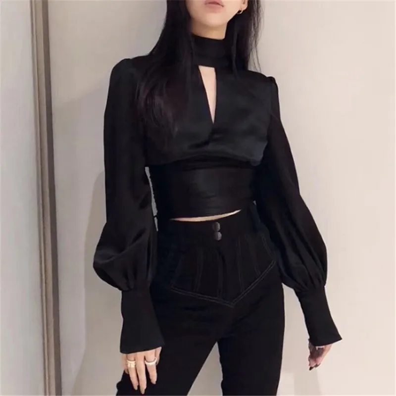

CHICATWILL Summer Designer Sexy Cutout Holes Long Sleeves Women Blouses Ladies Black Top