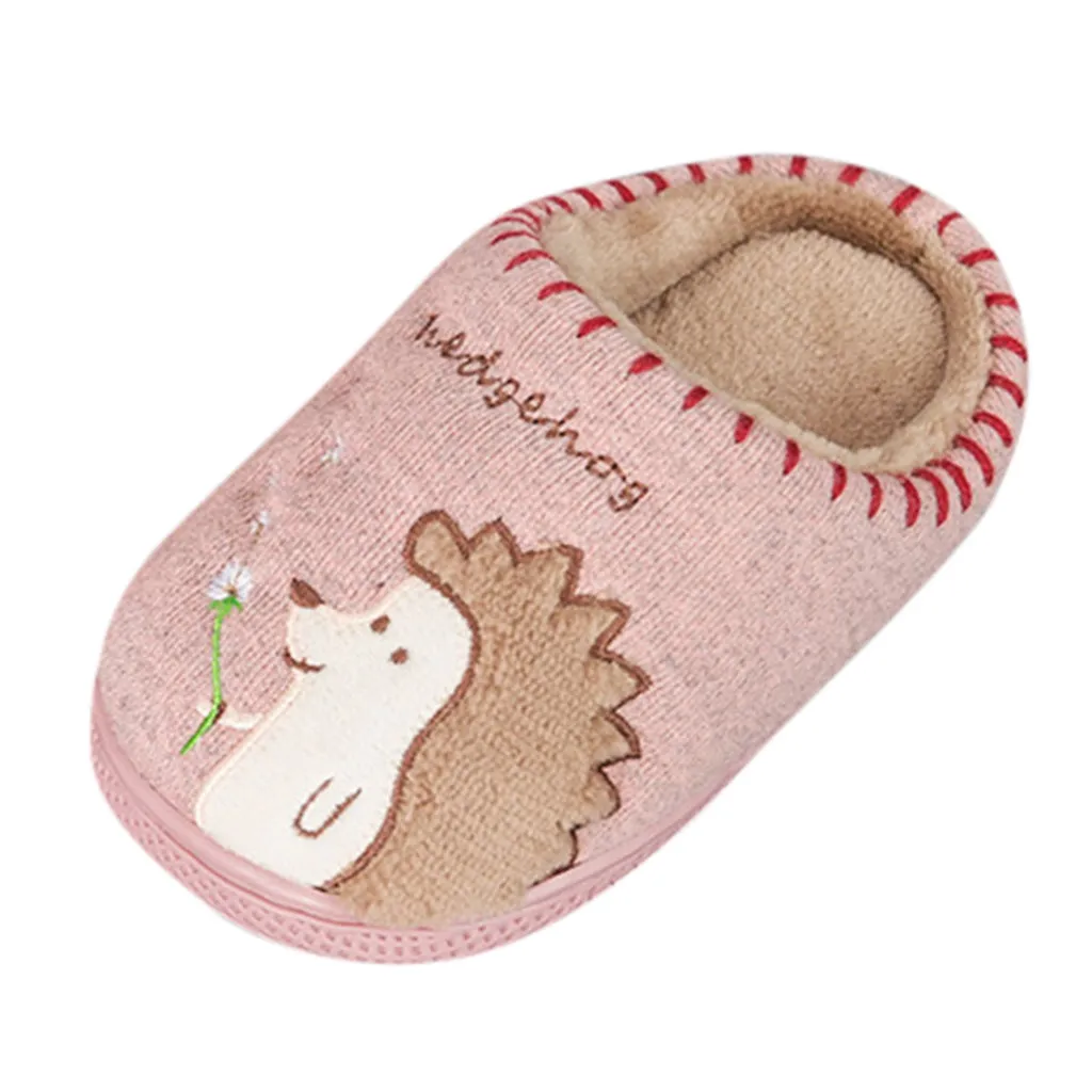 Детские хлопковые тапочки; домашние тапочки для мальчиков и девочек; Милая домашняя теплая обувь с рисунком ежика - Цвет: Pink