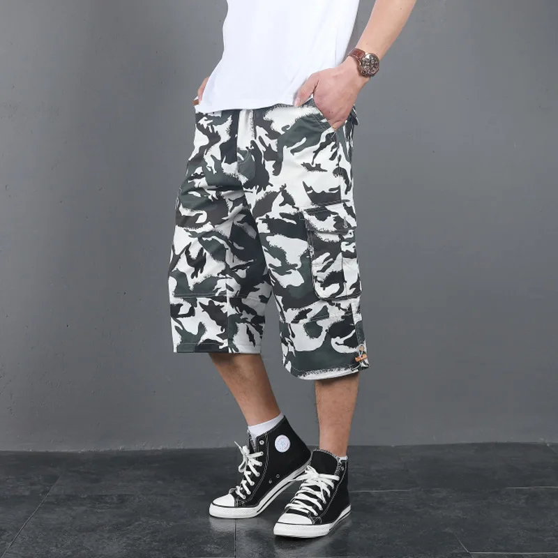 Summer Men Long Cargo Shorts Male Bermuda Elastic Waist Army Camo Baggy  Short Plus Size Big Loose Large Camouflage shorts