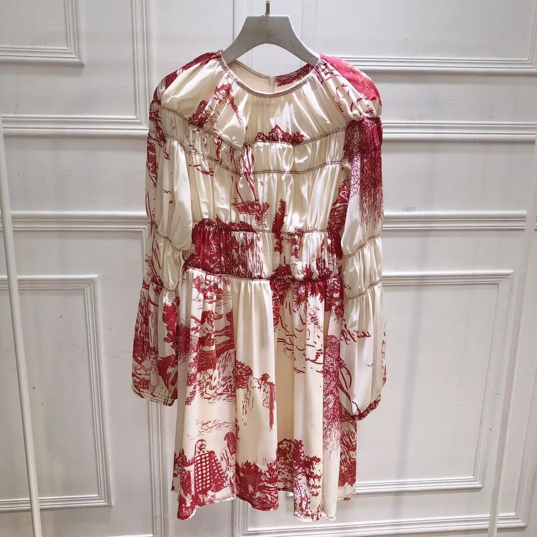 

2019 new ladies fashion long-sleeved round neck print waist chiffon dress 0910