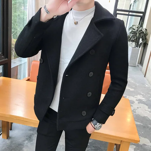 Новая модная мужская двубортная ветровка одноцветная тонкая короткая шерстяная куртка зимняя повседневная теплая ветровка пальто Размер 5XL - Цвет: black