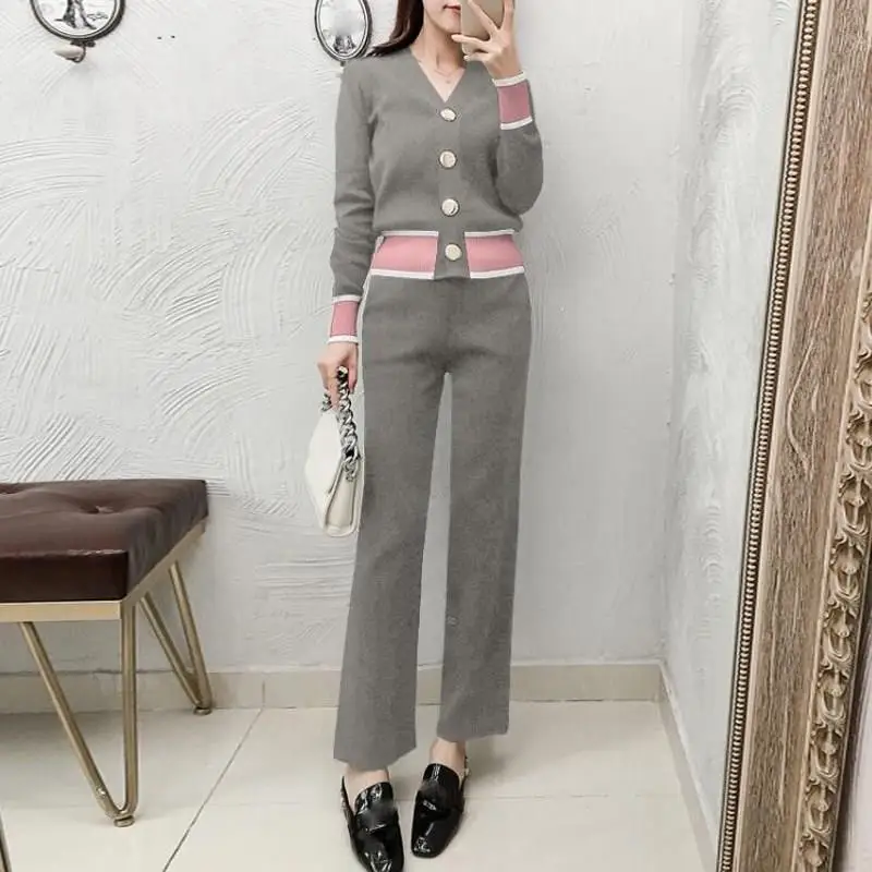 

Fall Winter Women Contrast Knitted Cardigans And Pants Suit V-Neck Two Piece Single Breasted Sweater And Wide Leg Pant Sets