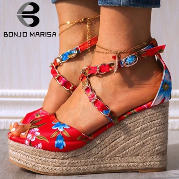 

BONJOMARISA Ins Hot Luxury Brand Design Chains Elegant Print Platform Sandals Women 2020 High Wedges Summer Shoes Woman