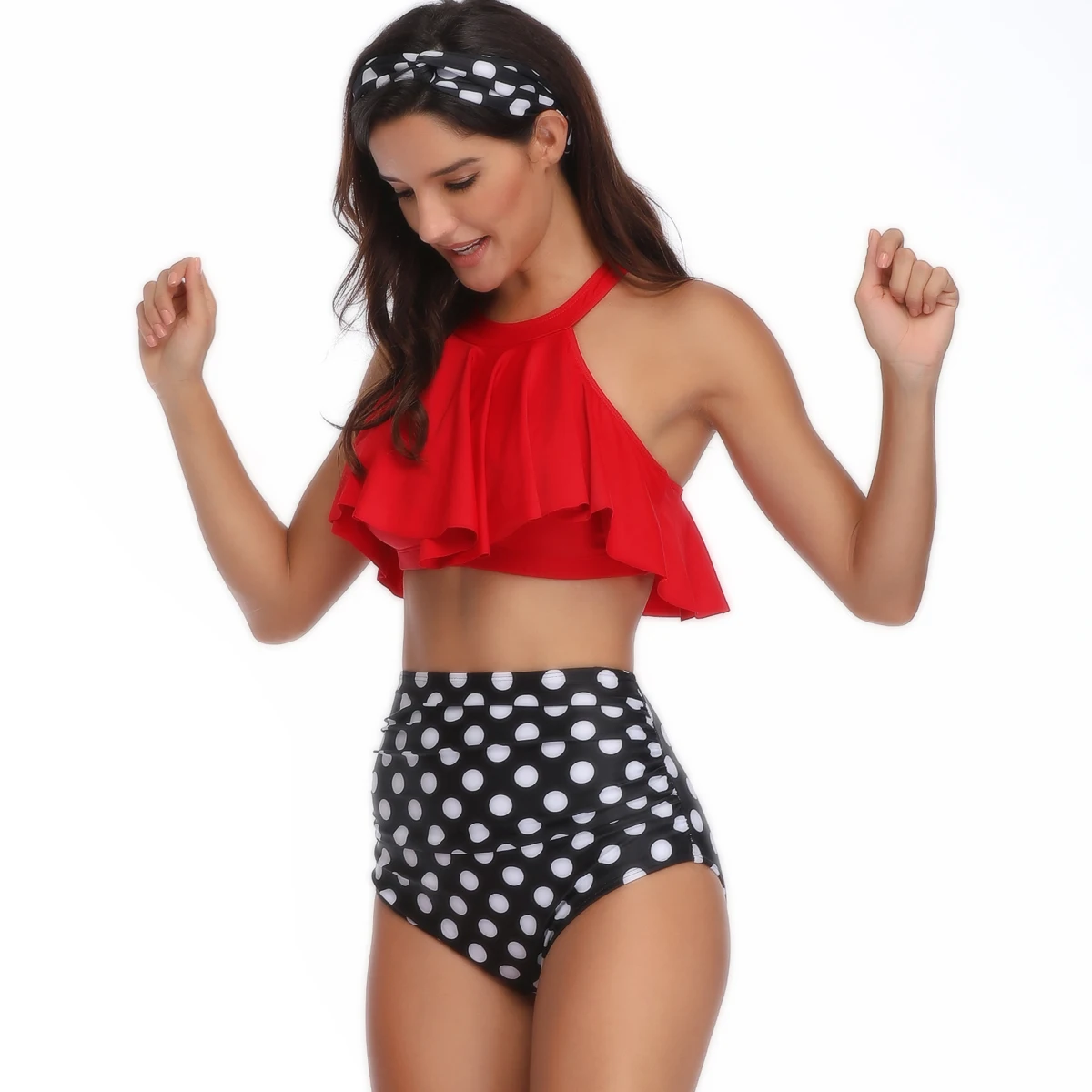 Женский купальник бикини 2019 женский красный топ + горошек с высокой талией