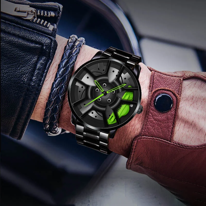 Creative Stainless Steel Watch Hub Custom Design Sports Car Rim Sports Watch Male Watch Mens Wheel Wristwatch Clock