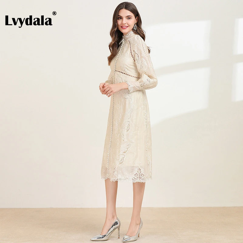 Lvydala, модное дизайнерское платье, весна-осень, женское платье, стоячий воротник, рукав-фонарик, выдалбливают, вышивка, элегантные платья