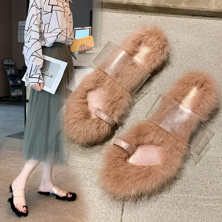 2019 Элегантные зимние меховые тапочки Женские однотонные женские шлепанцы на