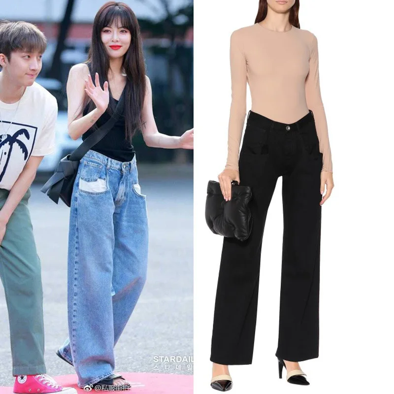 

2020 Spring Summer Women Loose Dew Pocket High Waist Straight Pants Jeans