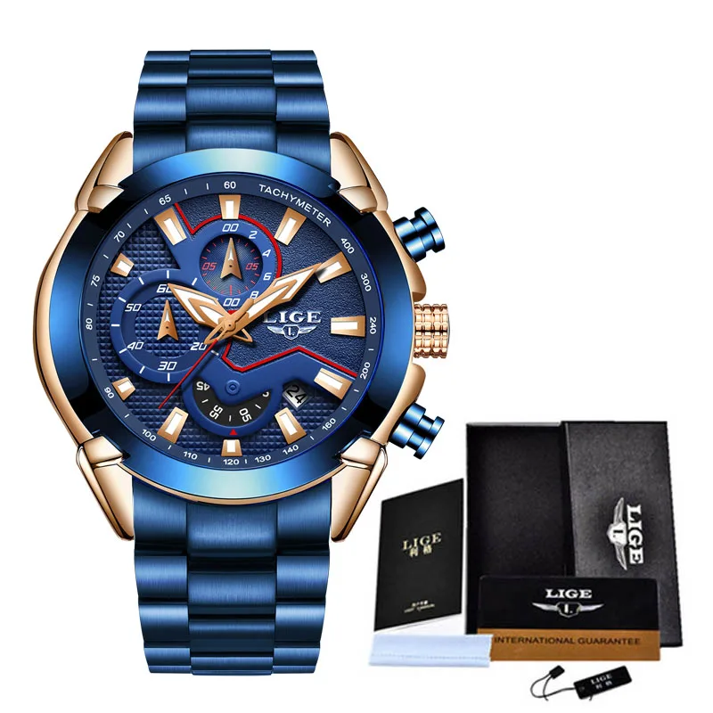 ROSE GOLD BLUE LIGE модные Для мужчин s часы с Нержавеющая сталь чехол, ремень Водонепроницаемый спортивные кварцевые часы с хронографом Для мужчин Relogio Masculino - Цвет: ROSE GOLD BLUE