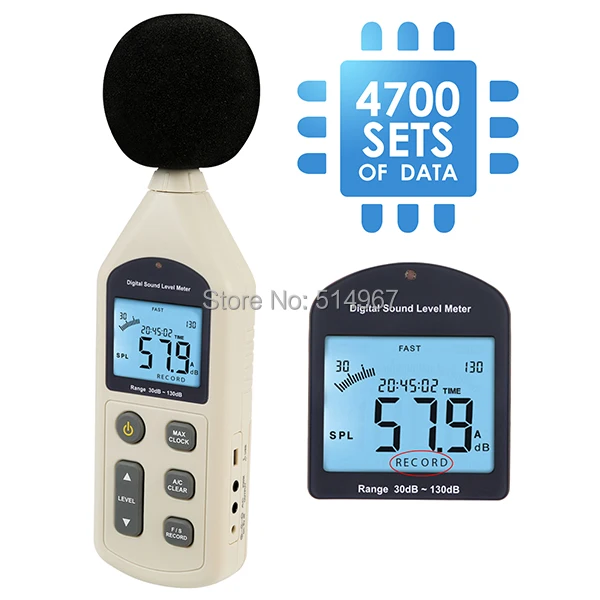 Digital Audio Decibel Meter Sound Level Tester Noise Level Volume Measuring Instrument 30~130dBA Data Recording Self-Calibrated