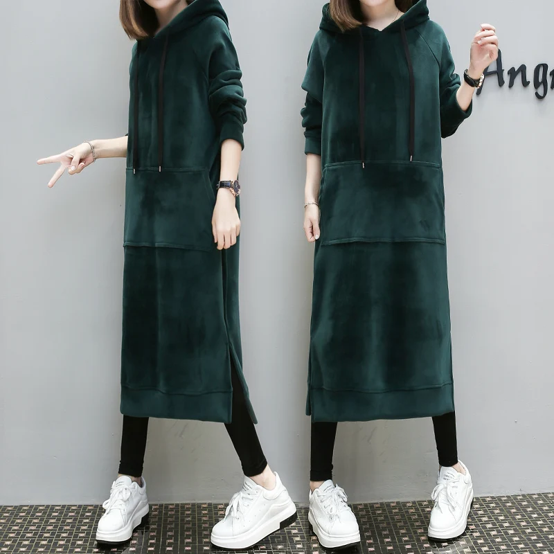 

Spring Autumn hoodie sweatshirt women fashion thicken hooded Gold velvet tops women oversized hoodie women long loose dress