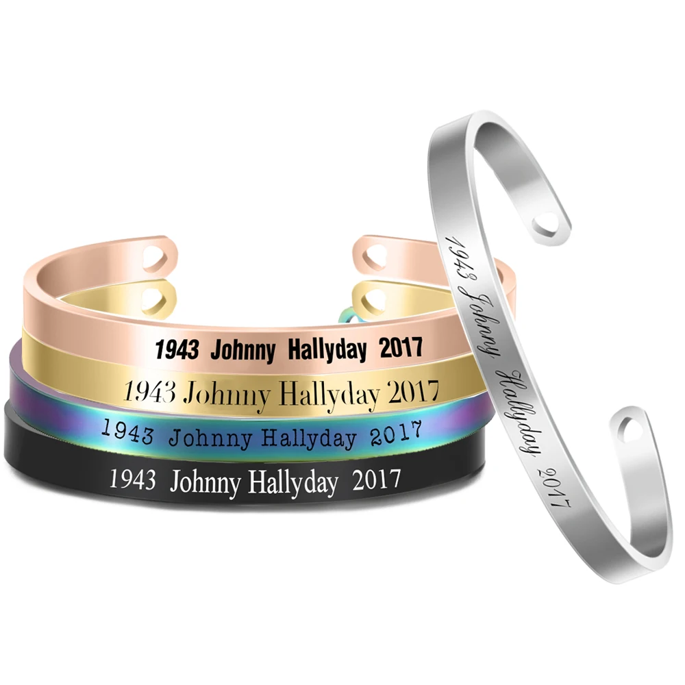 5 Colors Trendy Johnny Hallyday Bracelet Cuff Open Bangle Engraved Nameplate 6mm Width Stainless Steel Jewelry for Men Women