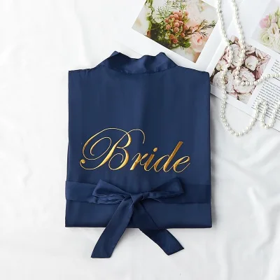 navy blue Женский Шелковый Атласный халат, Свадебный халат невесты с вышивкой, однотонный халат, длинное кимоно, Ночная одежда, банный халат, одежда для сна, Халат - Цвет: navy blue