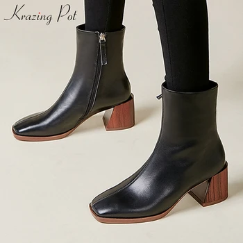 

Krazing pot 2019 genuine leather square toe 6cm high heels women ankle boots zipper fashion boots keep warm winter shoes L6f1