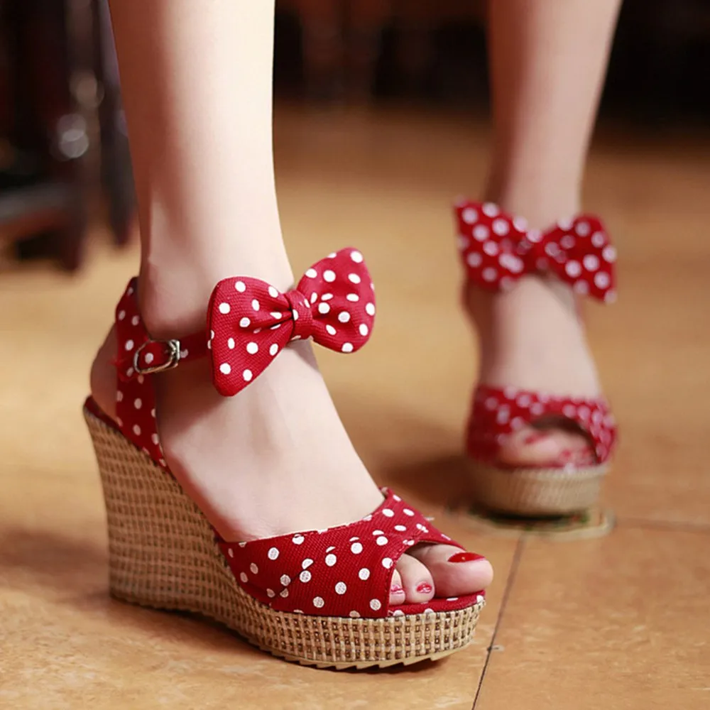 Summer Platform Shoes Ladies Sandals Polka Dot Bow Wedges Heels Women Shoes  High Heels Cute Ladies Shoes Red Blue Zapatos Mujer - AliExpress