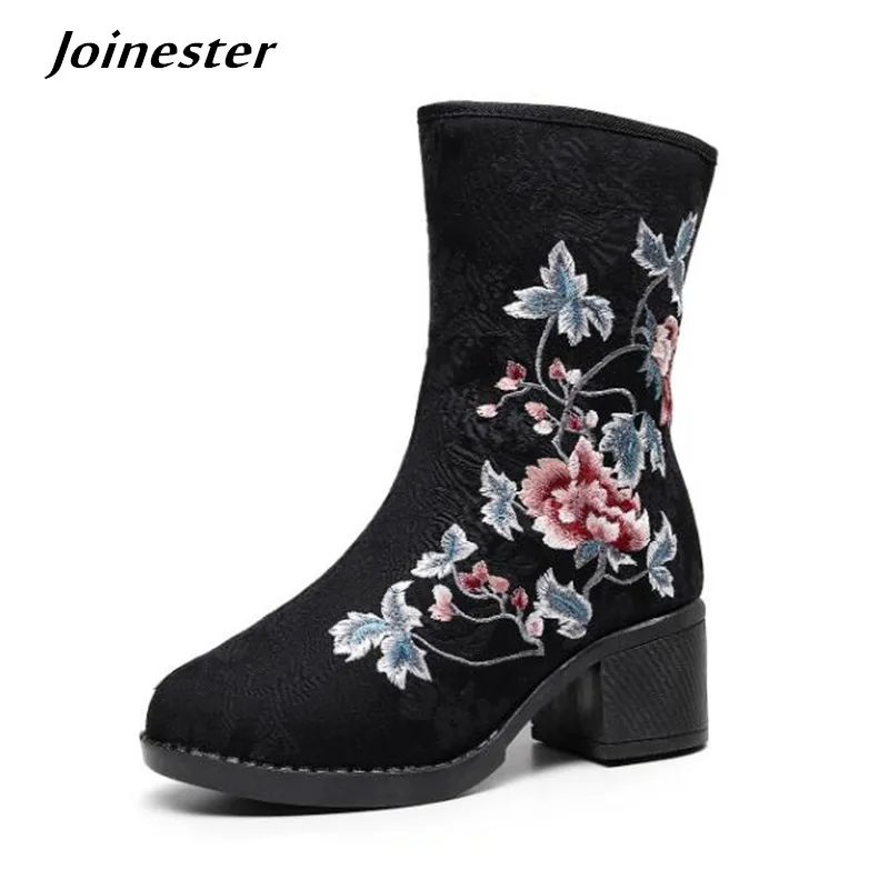 

Winter Women Cotton Fabric Mid-Heel Ankle Boots Floral Embroidered Zip Booties for Ladies Retro Short Boot Autumn Fashion Shoes
