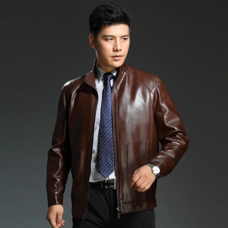 Autumn and winter new brand men's leather leather middle-aged men's collar leather jacket men's high-end jacket - Цвет: Коричневый