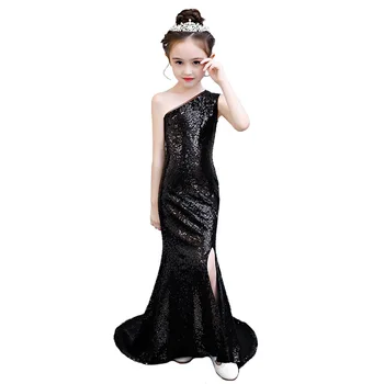 

black sequin mermaid dress age for 3-14 yrs teenage girls one-shoulder vintage noble graduation gowns evening party kids frocks