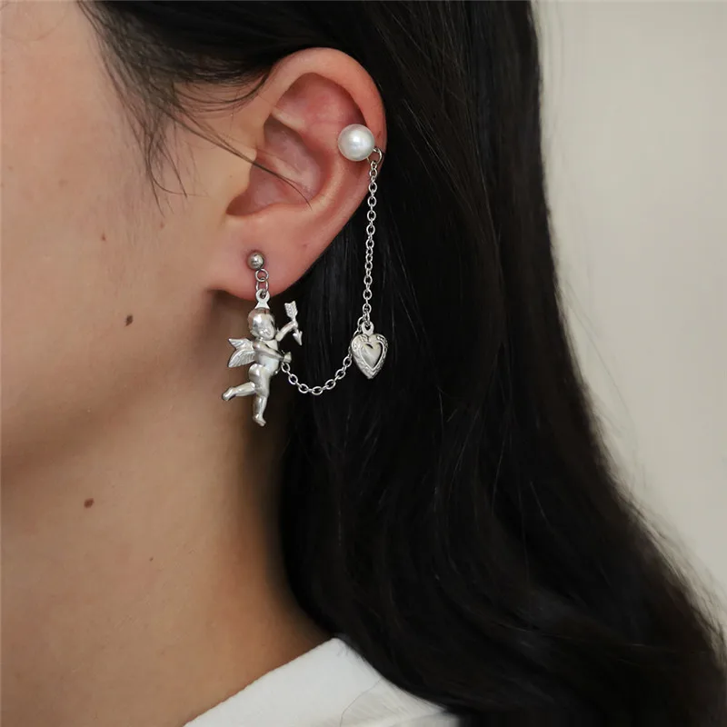 Женские серьги с металлическим жемчугом и крыльями ангела серьги-клипсы