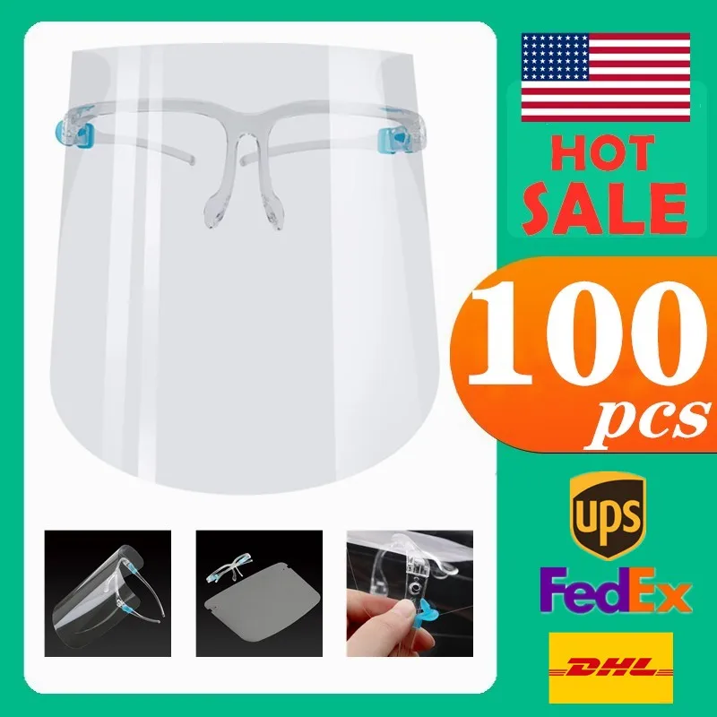 

100pcs In Stock PET Face Shield With Glass Holder Safety Oil-Splash Proof Hairdressing Color Protective Mask Transparent Facial