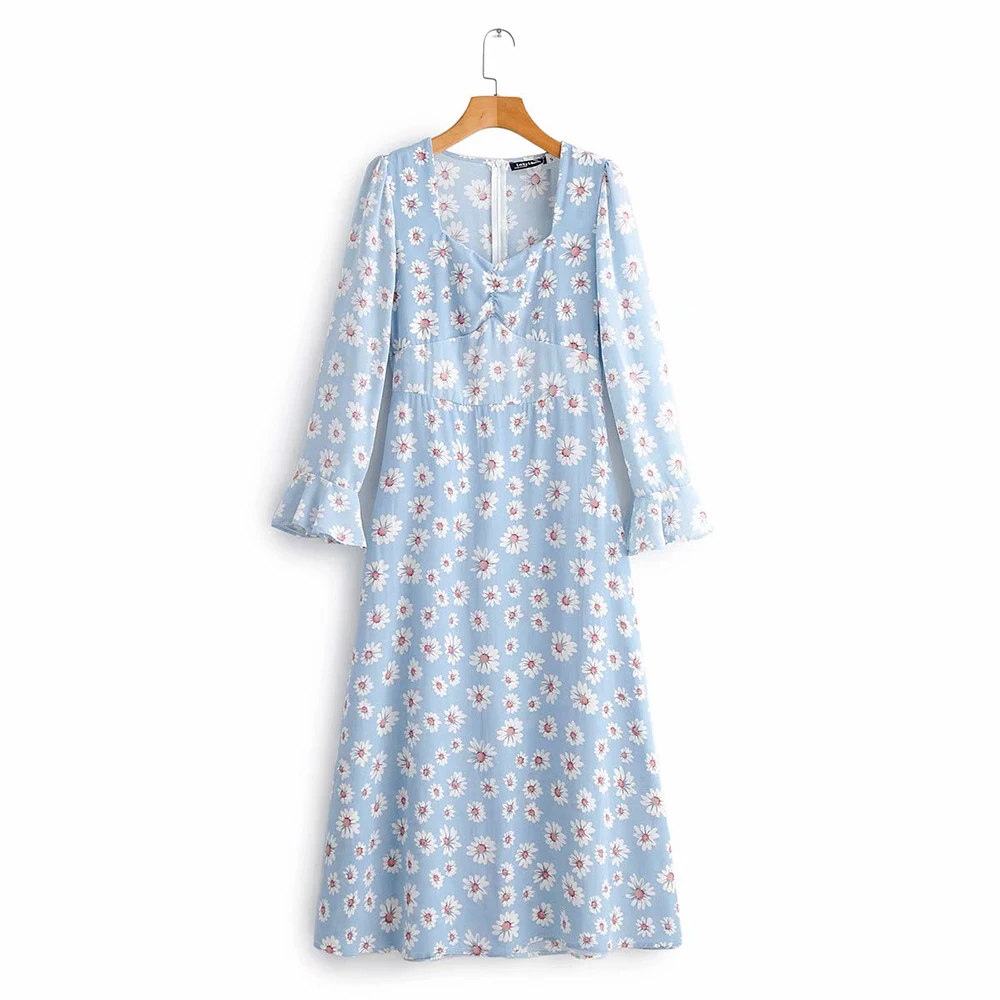 Простое светло голубое платье с принтом маргаритки для девочек 2019 Модное Новое