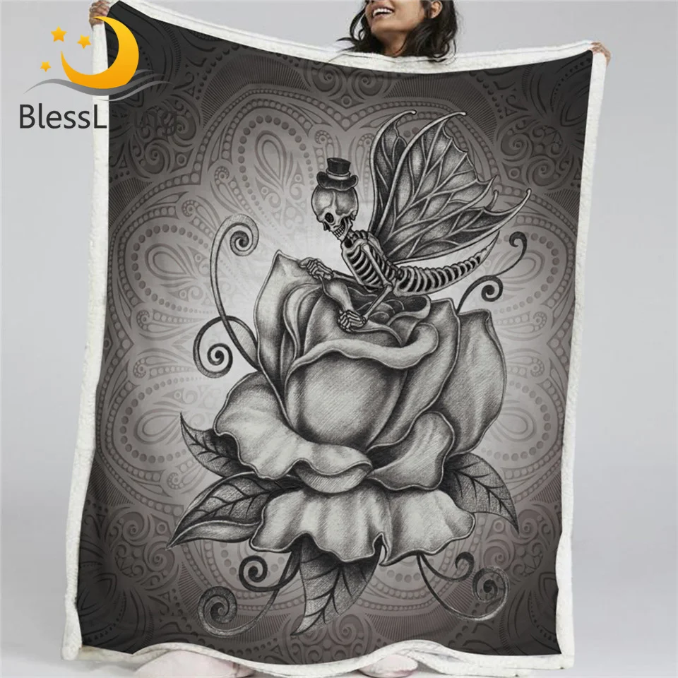 

BlessLiving Butterfly Skull Blanket Pale Grey Sherpa Fleece Throw Blanket Reversible Retro Roses Romantic Bedding for Adult
