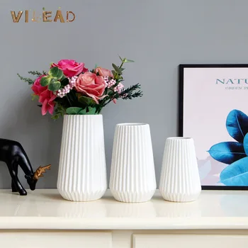 

VILEAD 3 Styles Ceramic White Vase Simple Nordic Modern Minimalist Striped Fold Art Hydroponic Living Room Vase Home Decoration