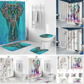 

Elephant Print Bathroom Set Waterproof Shower Curtain Non-slip Mats Bath Carpets Toilet Seat Cover Lid Floor Mat Bathroom Decor