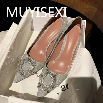 

Silver Women Pumps 8cm High Heel Pointed Toe Office Work Party Shoes with Sun Flower Rhinestone Black Fashion LAB01 MUYISEXI