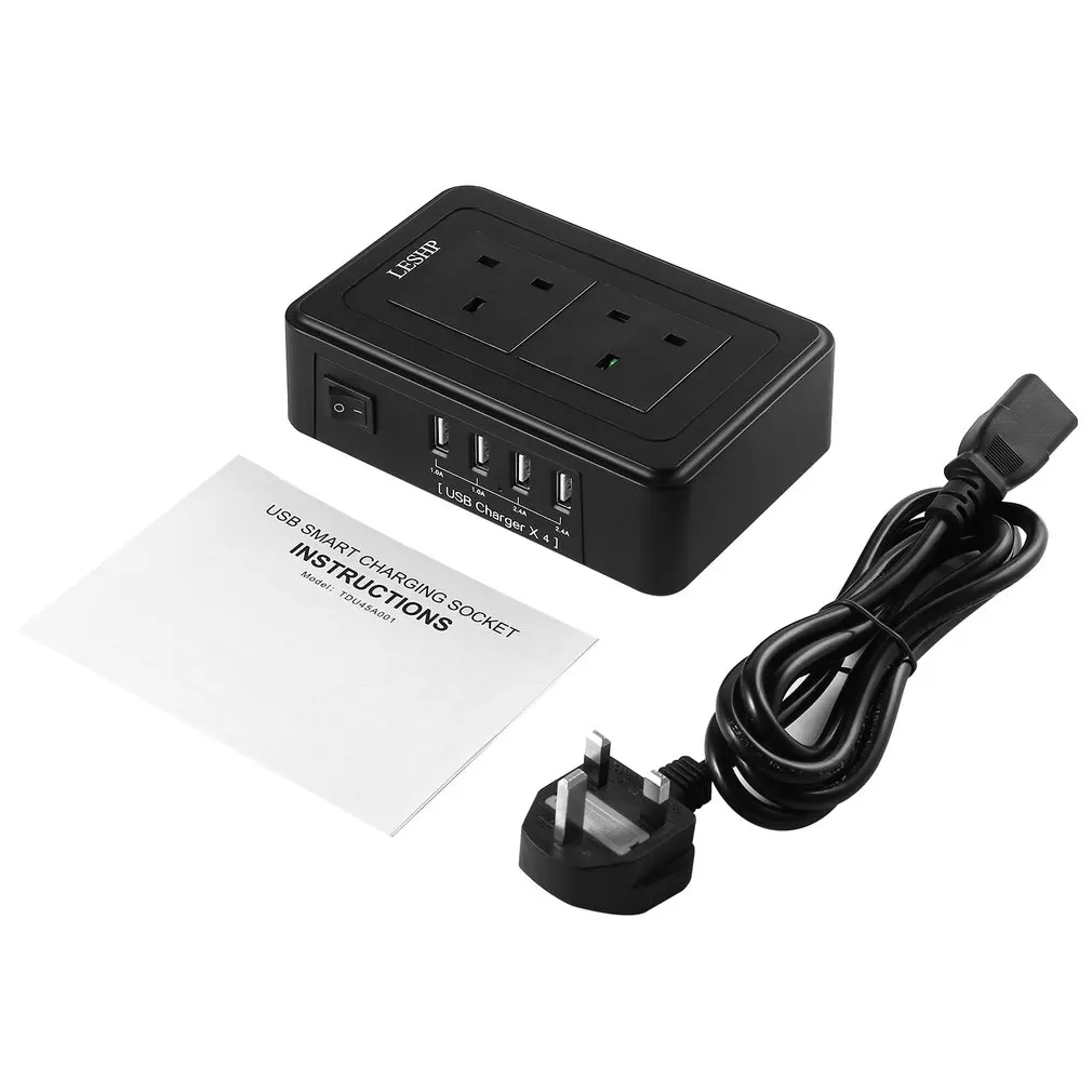 

LESHP Portable USB Smart Power Charging Socket 4 USB Ports 1-2.4A Black 10A 2500W Environmental Protection
