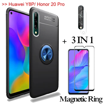 

3-in-1 Glass+Magnetic Silicone Case huawei y8p p40lite e phone Case honor 20pro FullCover AQM-LX1 huawei y8 p magnetic ring Case