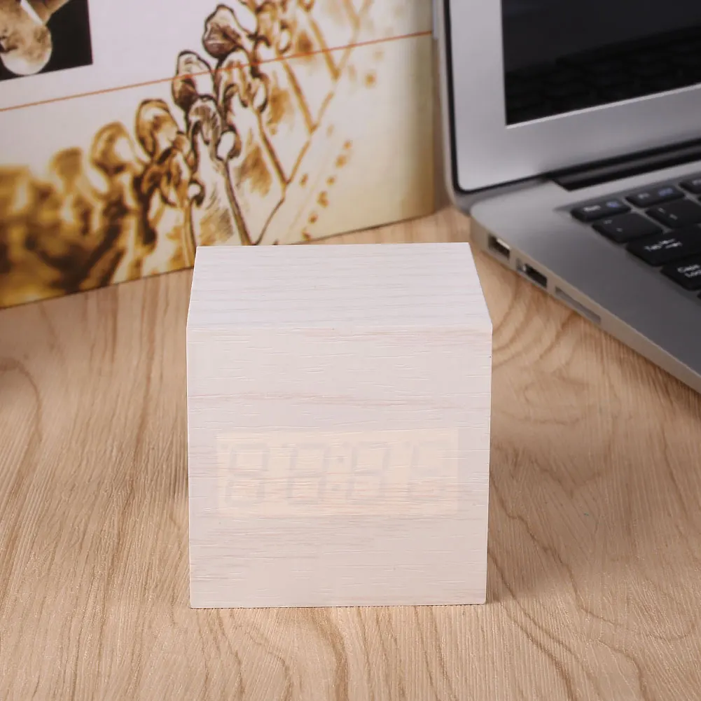 Кубический щелчок часы подарок будильник-светодиодный дисплей Деревянный Звук Активированный домашний декор