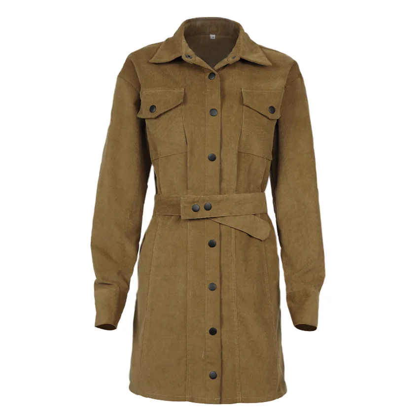 

2023 Spring and autumn new lapel waist slim temperament retro brown corduroy straight tube dress