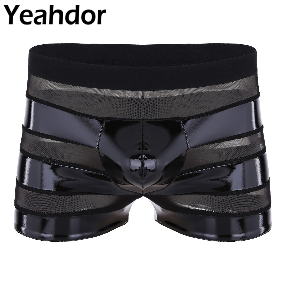 

Sexy Mens Erotic Lingerie Boxer Briefs Shorts Wetlook Faux Leather Mesh Patchwork Stripe Low Rise Underwear Panties for Men