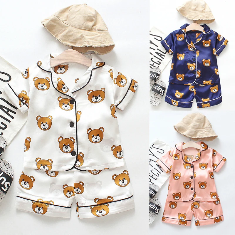 Комплект одежды для маленьких мальчиков и девочек, г., летний топ с короткими рукавами и рисунком медведя, шорты, костюм, комплект одежды из 2 предметов