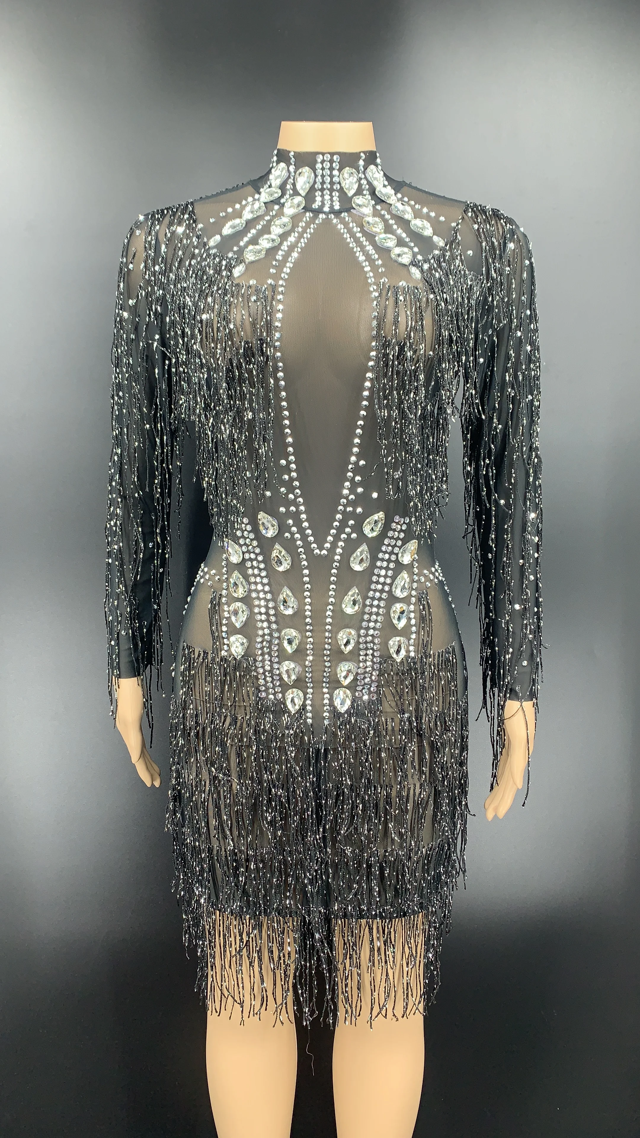 

Silver Rhinestone Black Fringe Transparent Short Dress Birthday Celebrate Dress Prom Party DS Women Dancer Dress