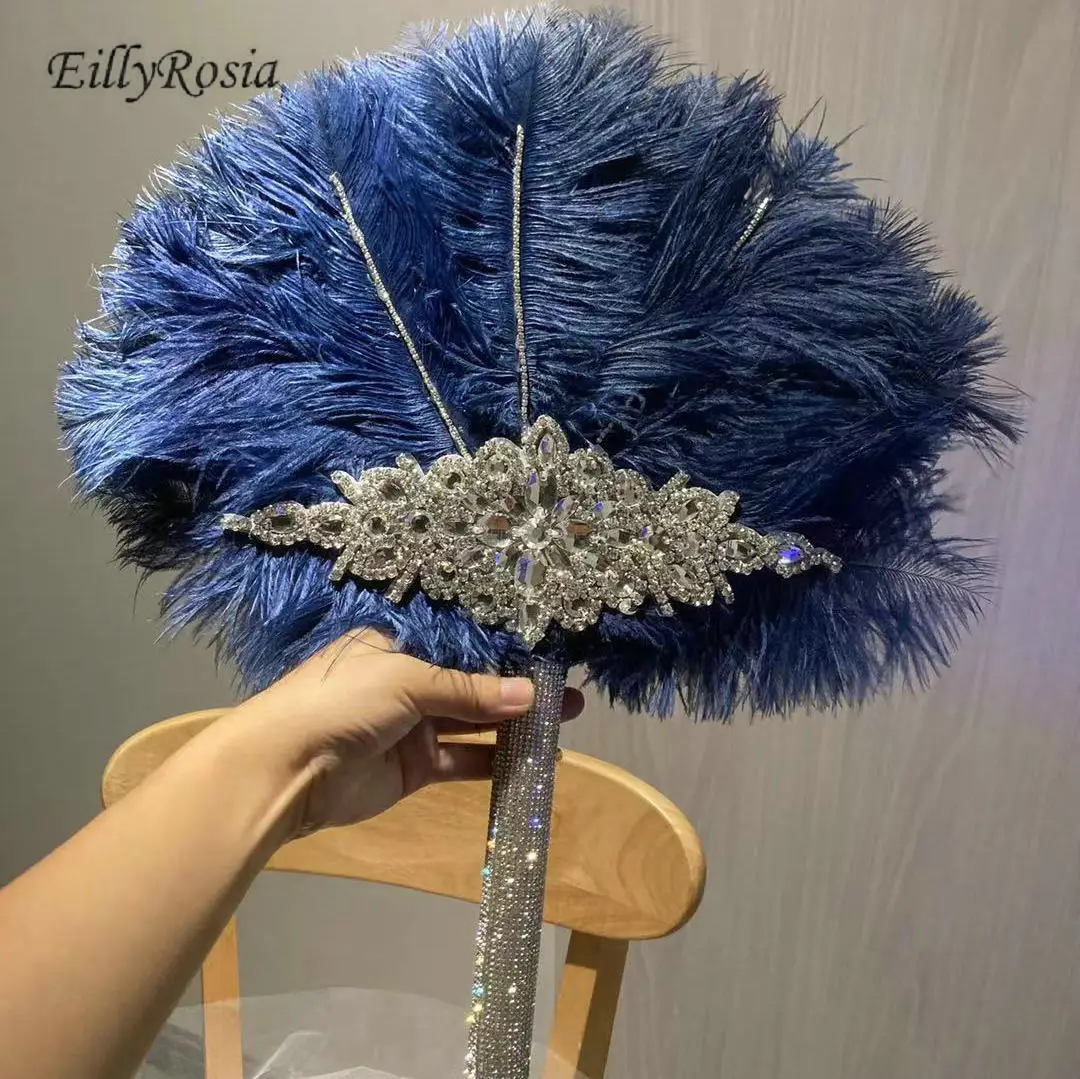 

EillyRosia Navy Blue Bridal Bouquet Fan Brooch Jewelry Ostrich Feather 1920's Great Gatsby Wedding Fan for Bride Vintage Party