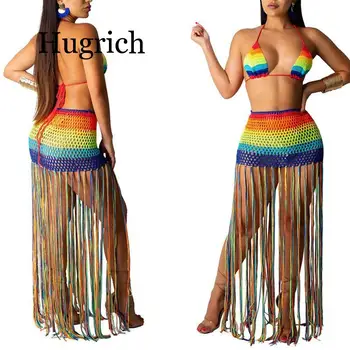 

2 Pieces Set Knitted Bra Top Bikini Set Womens Swimsuit Handemade Crochet Bikini Cover Up Tassel Beach Long Wrap Skirt Sarong