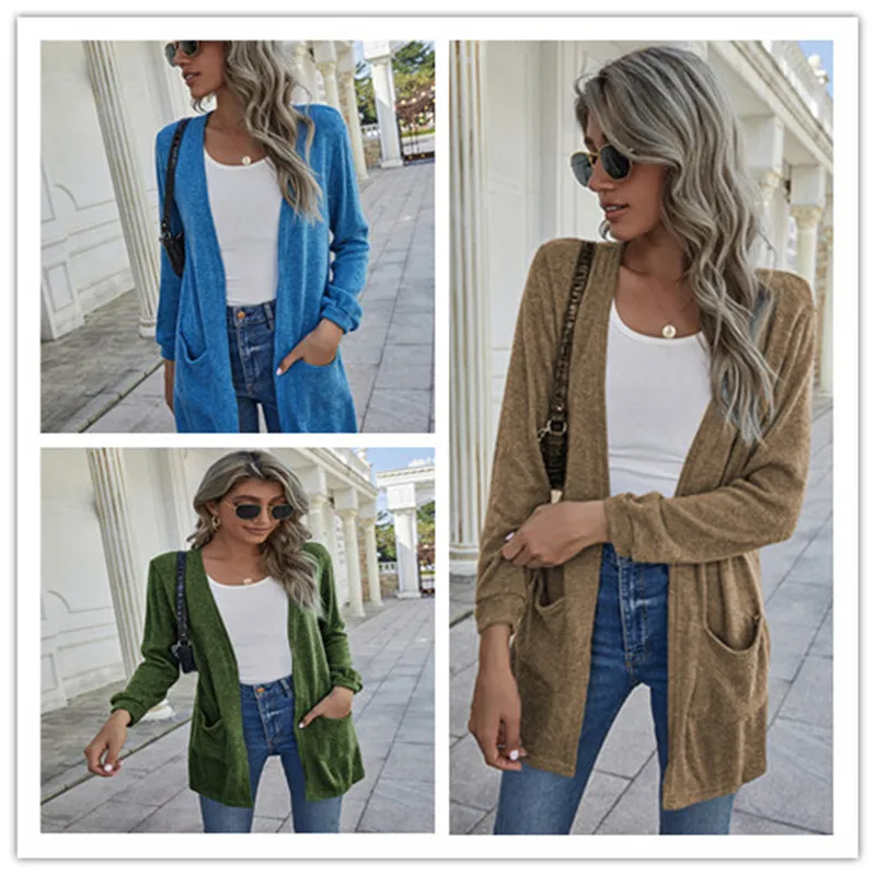 

Enniko Women's Autumn and Winter Casual Solid Color Sweater Women's Cardigan Knitting Coat Long Sweater Fashion V-neck Cardigan