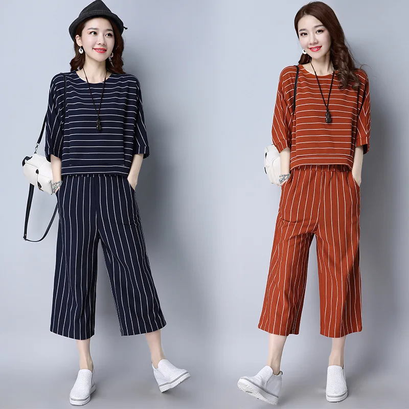 

2017 Spring And Summer New Style Korean-style Casual Fashion Striped Suit Loose-Fit Capri Pants Two-Piece Women's Fashion