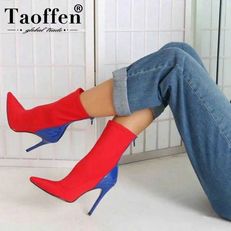 

Taoffen Women Mixed Colors Mid Calf Boots Pointed Toe Western Style Zipper Short Boots Thin Heel Shoes Woman Footwear Size 35-42