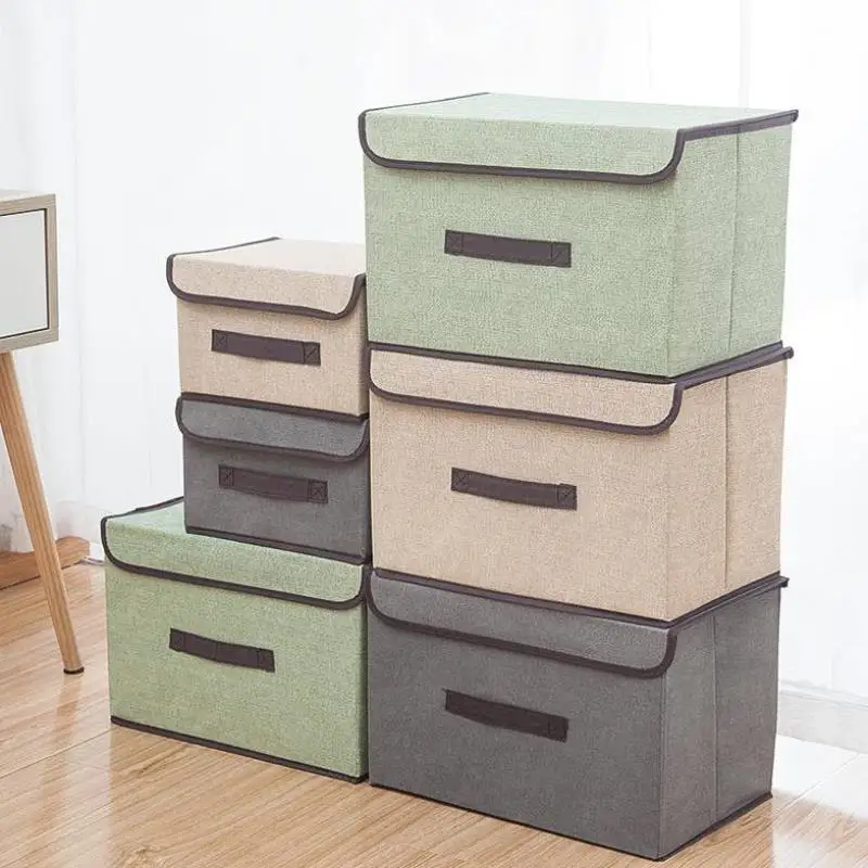 

2pcs Cotton Linen Storage Boxes With Lid Foldable Clothes Quilt Sundries Organizer Cabinet Underwear Storage Family Save Space