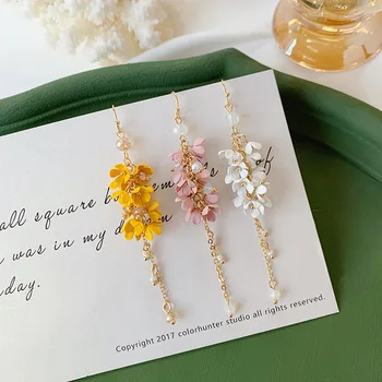 

New Korean Dangle Drop Earrings Long Pink Yellow Women Wholesale Sweet Flower Tassel Hanging Fashion Jewelry Holiday