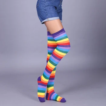 

1 Pair Striped Party Stocking Gifts Rainbow Elastic Autumn Women Long Socks Soft Comfortable Flexible Casual Knee High Adult