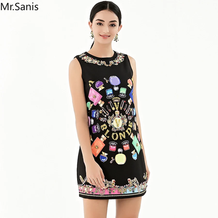

Sanis Runway Designer Dress Women 2019 Summer High Quality Sleeveless Beading Diamonds Perfume Print A-Line Dress Vestidos