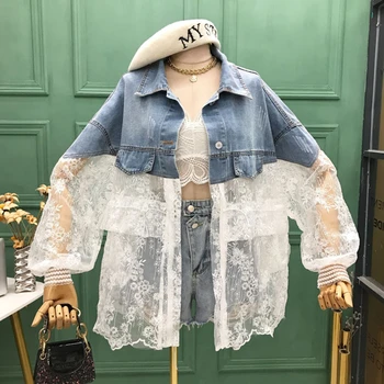 

2020 New Spring Summer Women Coat Denim Jacket Long Sleeve Lace up Ladies Patchwork Fake Two Woman Jean Jacket Woman Tops QT64