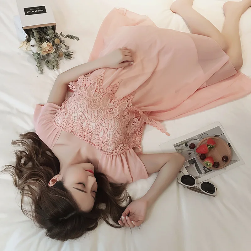 

Mid-length Summer Maternity Clothes Tops Short Sleeve Fashion Embroidery Lace Joint Chiffon Dress Maternity Dress